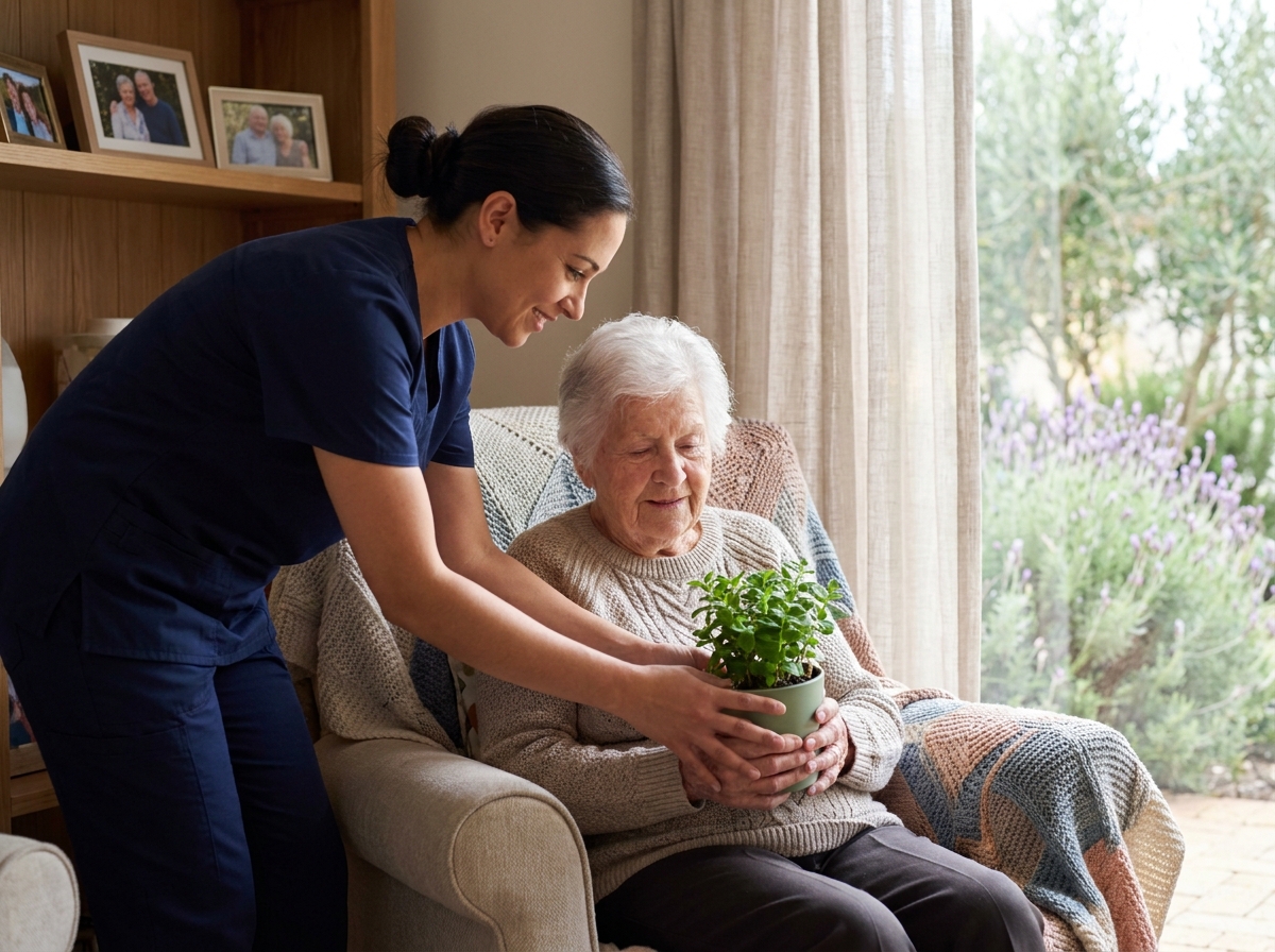 Soignante accompagnant une résidente âgée dans sa chambre personnalisée à la Villa des Poètes, établissement LNA Santé de Marseille