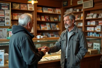Un homme d'âge mûr achetant un paquet de cigarettes dans un bureau de tabac parisien traditionnel