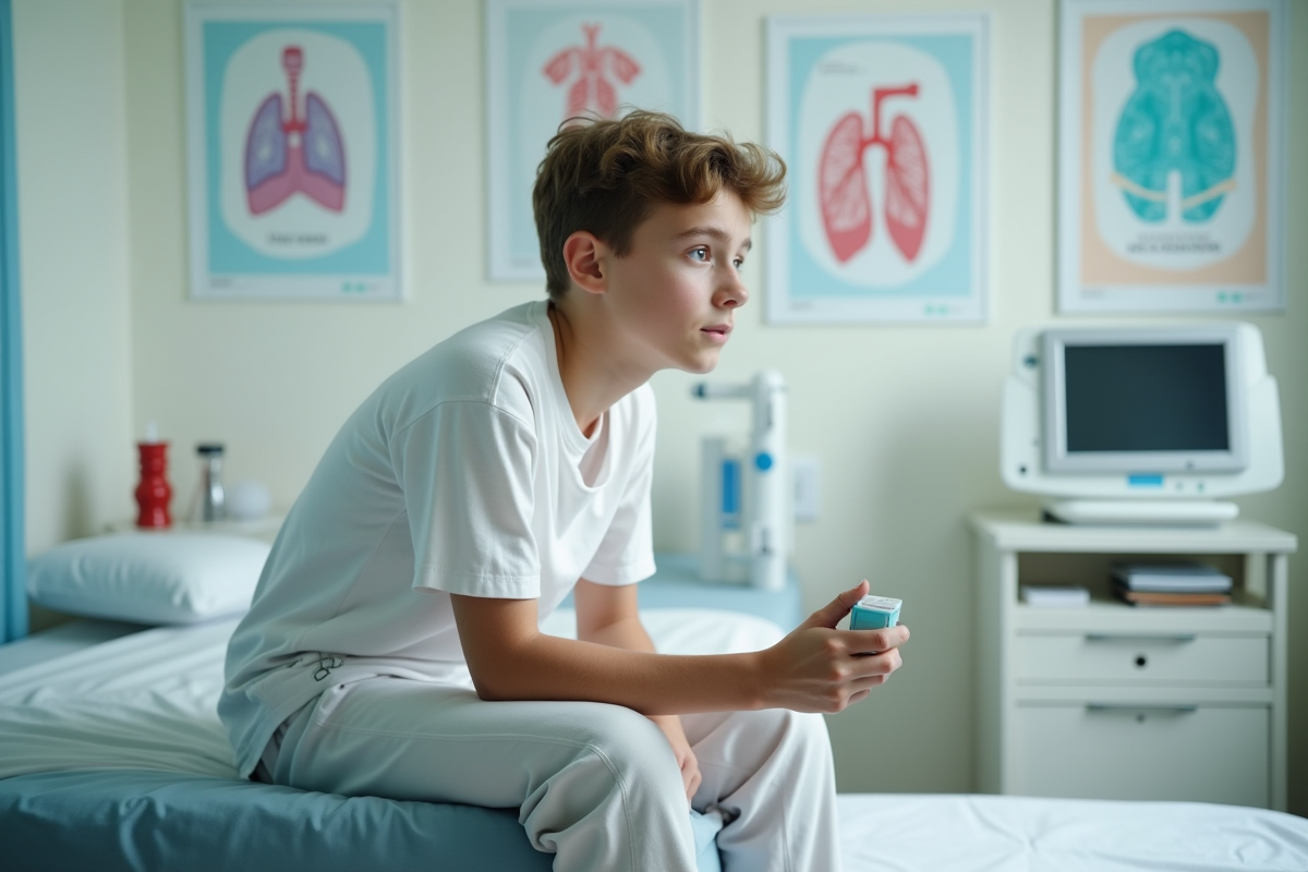 Adolescent avec inhaler dans une salle de consultation