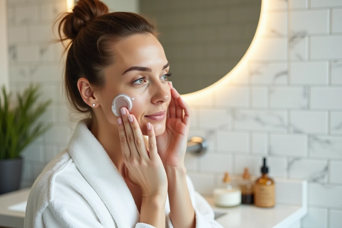 Femme appliquant de l'acide hyaluronique Ialuset sur son visage dans une salle de bain moderne
