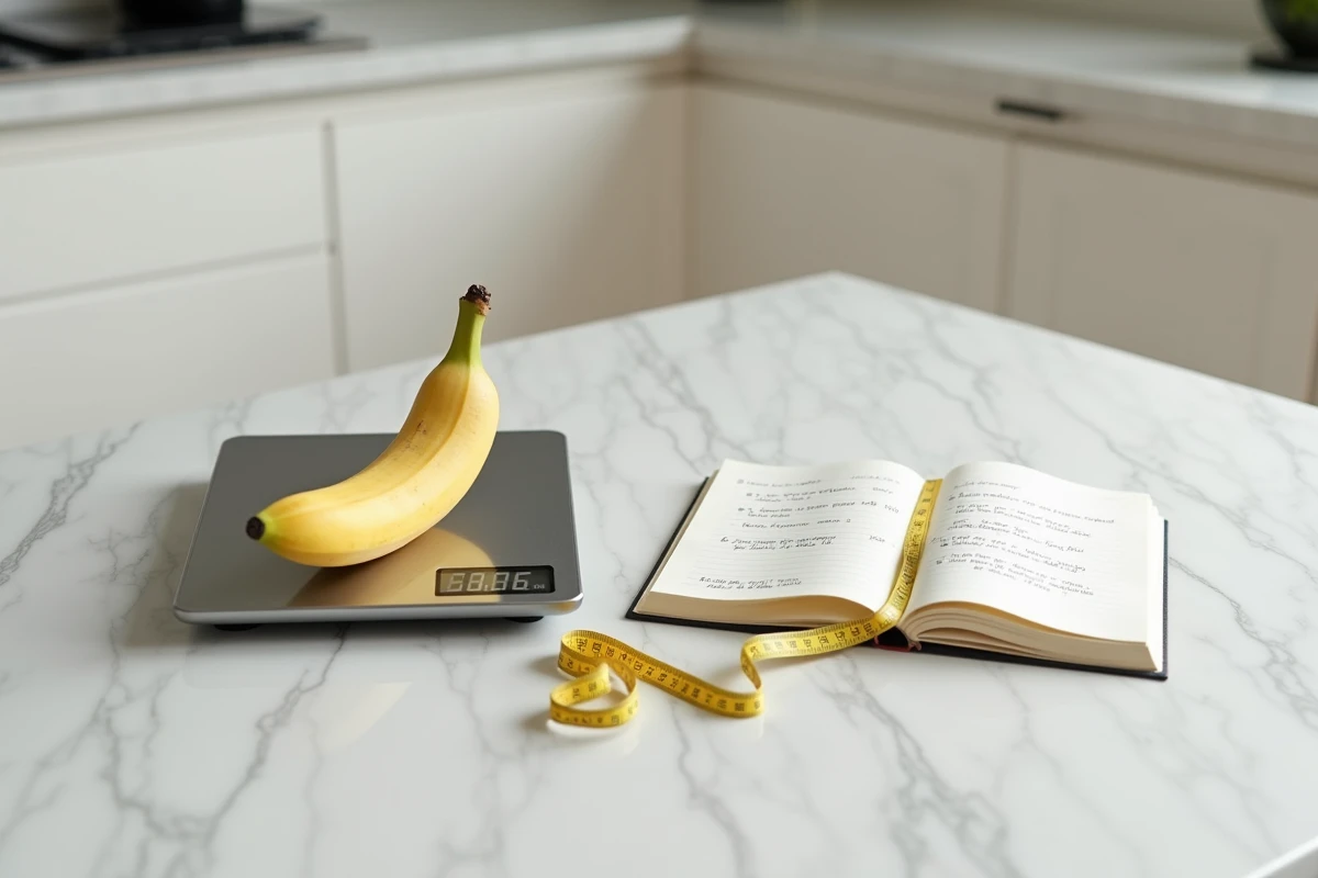 Banane coupée posée sur une balance de cuisine avec carnet de suivi calorique et ruban de mesure