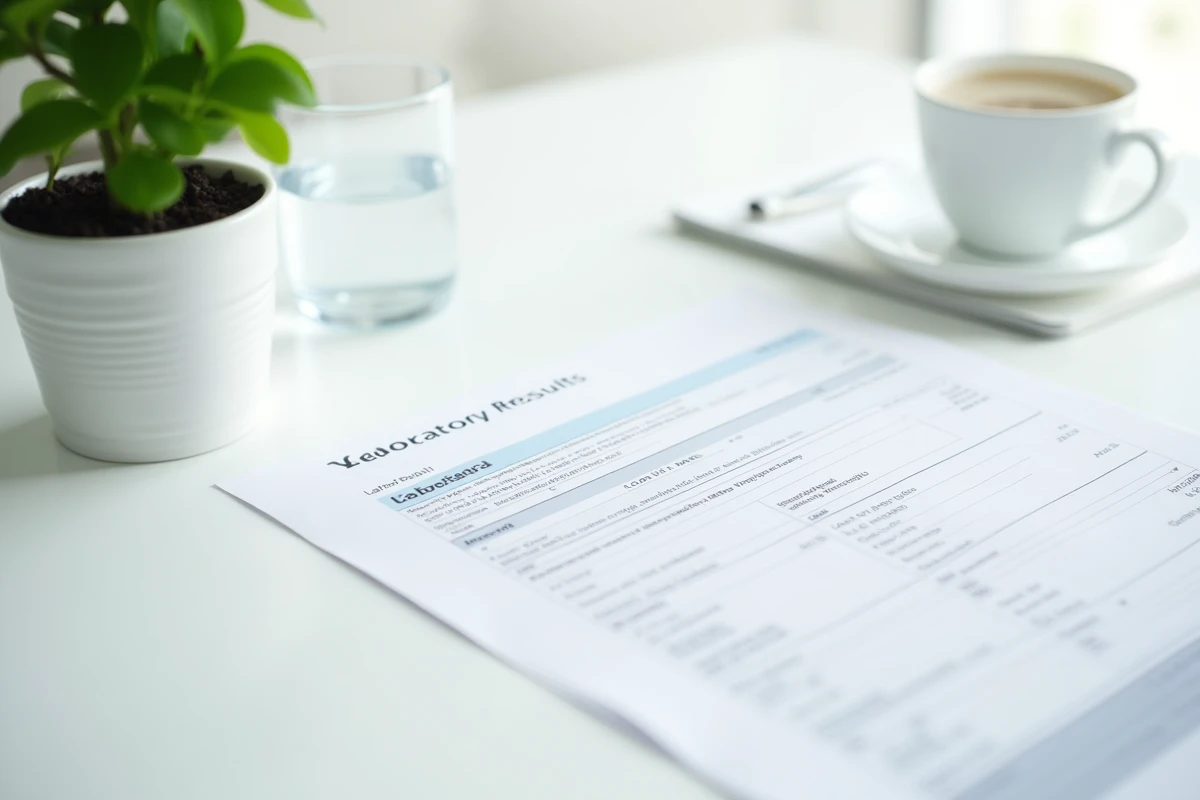 Résultats d'analyse sanguine posés sur un bureau blanc avec un verre d'eau, illustrant la lecture sereine d'un bilan TCMH élevé à domicile