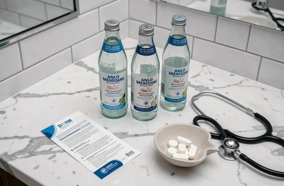 Bouteilles d'eau riche en bicarbonate, brochure sur la santé rénale et stéthoscope disposés sur un plan en marbre, illustrant les risques de l'automédication pour les reins