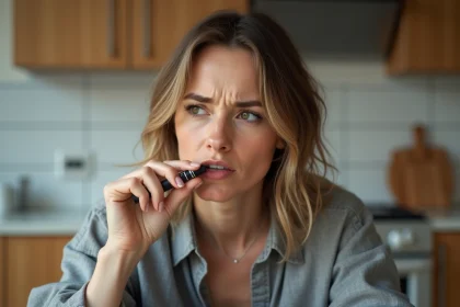Femme tenant une cigarette électronique avec une expression d'inconfort buccal, illustrant une brûlure au palais liée à l'e-cigarette