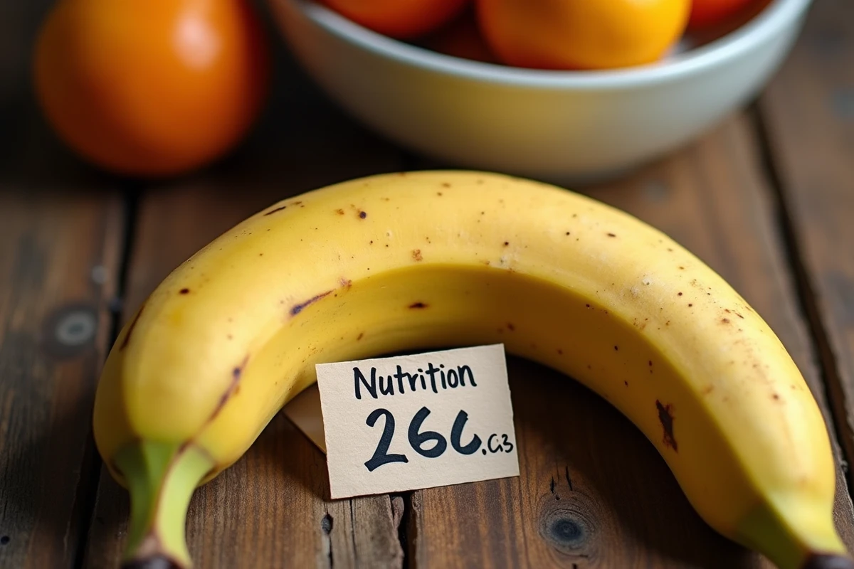 Banane mûre sur table en bois avec étiquette nutritionnelle manuscrite indiquant les calories