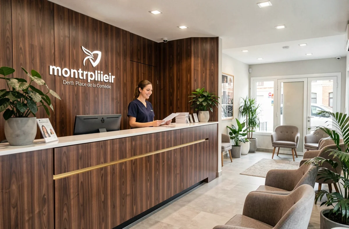 Accueil du Centre Dentaire Montpellier Comédie Dentego avec réceptionniste et patients en salle d'attente
