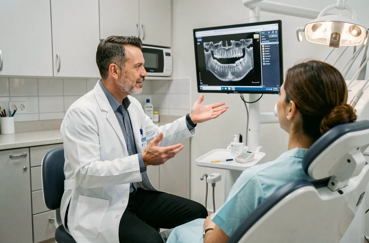 Dentiste du Centre Dentaire du Mas d'Argelliers expliquant un plan de traitement à un patient
