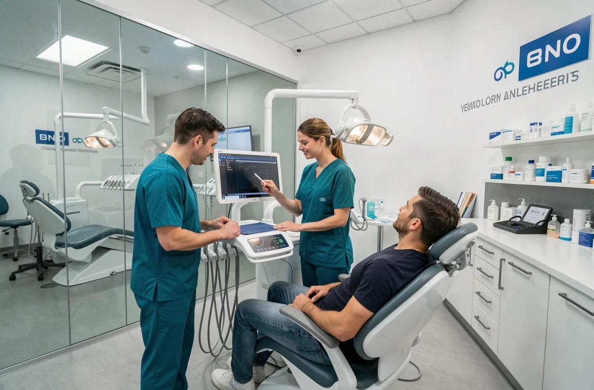 Équipe de soignants du centre dentaire Oralys travaillant dans un espace clinique moderne à Montpellier