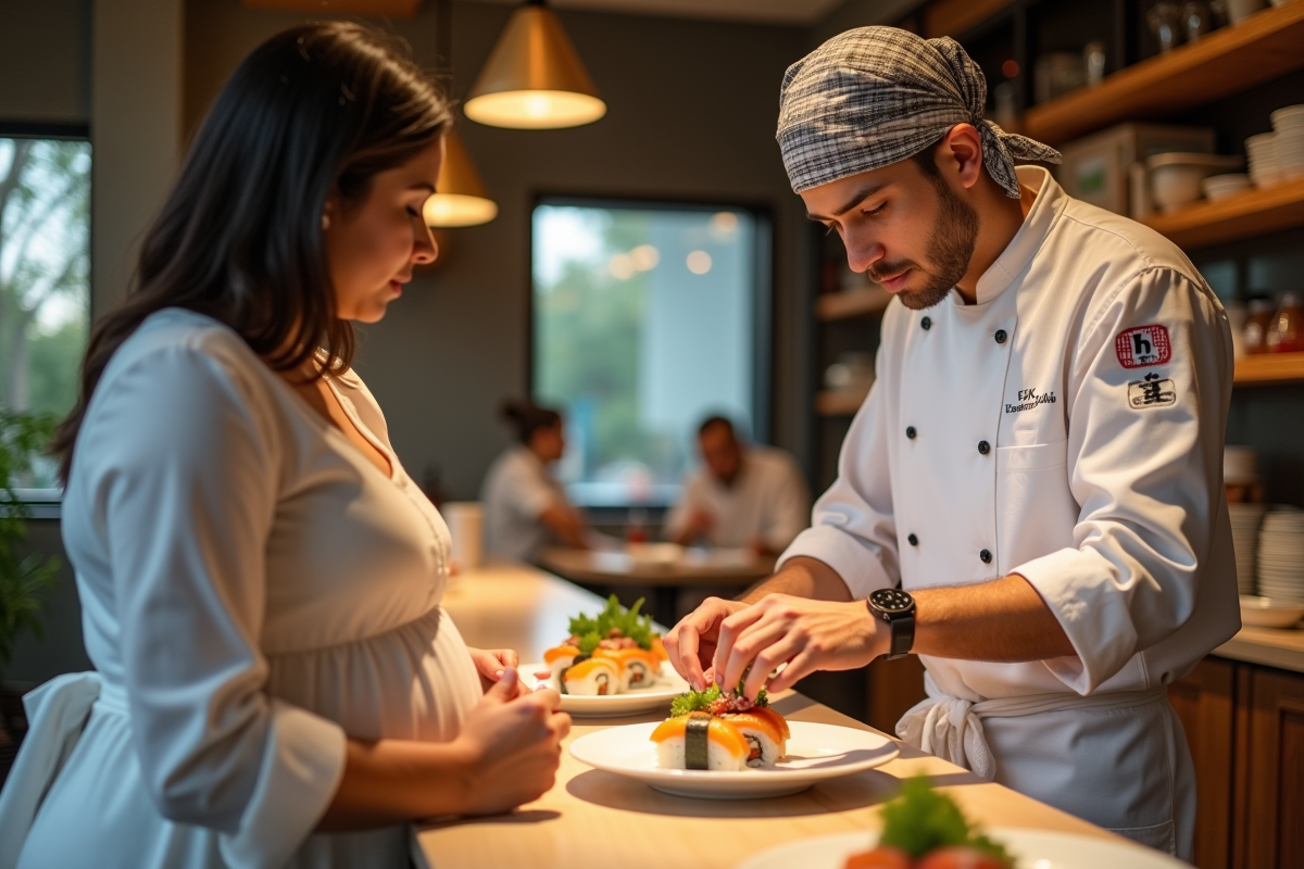 Chef de sushi préparant pour une femme enceinte au bar
