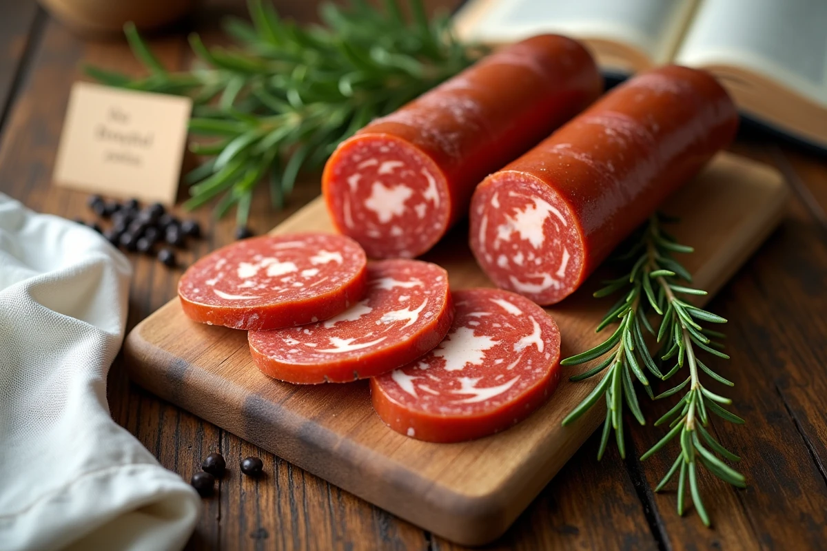 Gros plan sur des tranches de chorizo sur une planche en bois rustique avec un livre de grossesse en arrière-plan flou, illustrant la question de l'alimentation pendant la grossesse