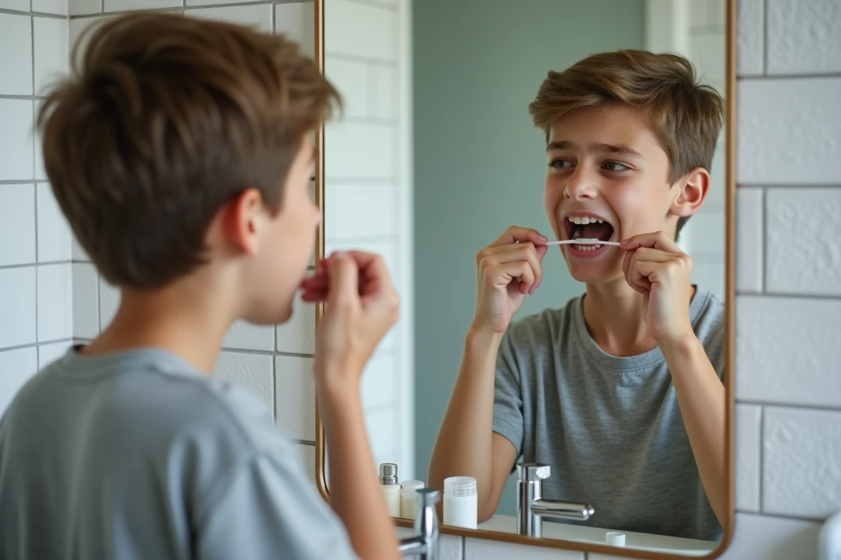 Adolescent appliquant de la cire orthodontique sur le palais pour soulager la douleur causée par un appareil dentaire