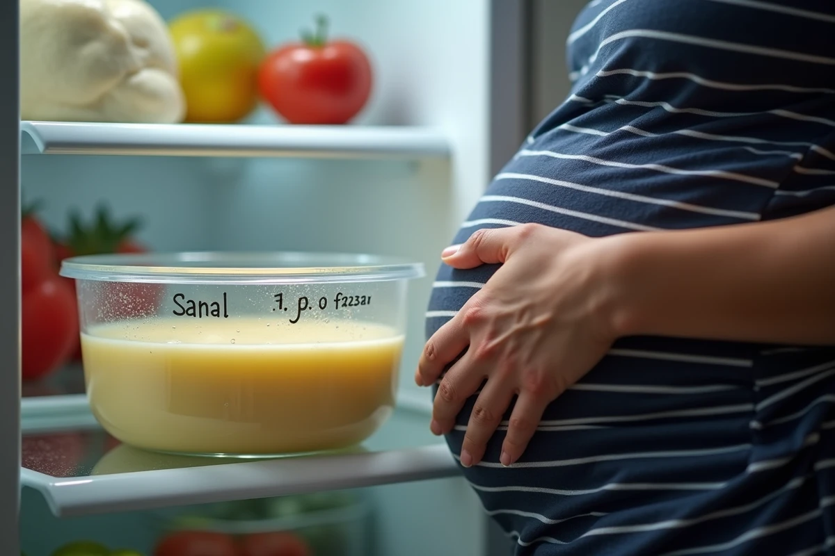 Conservation de la mozzarella di bufala au réfrigérateur dans un contenant en verre par une femme enceinte