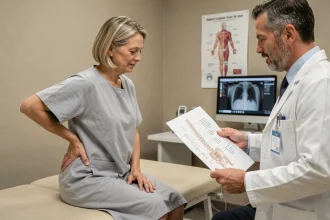 Patiente en consultation médicale pour un déplacement du sacrum avec son médecin orthopédiste