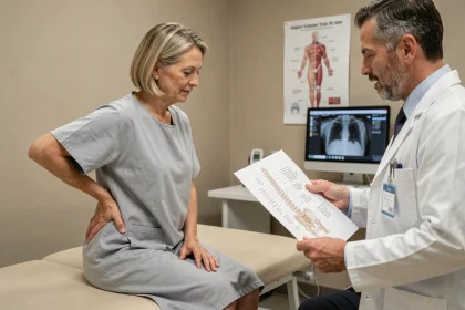 Patiente en consultation médicale pour un déplacement du sacrum avec son médecin orthopédiste