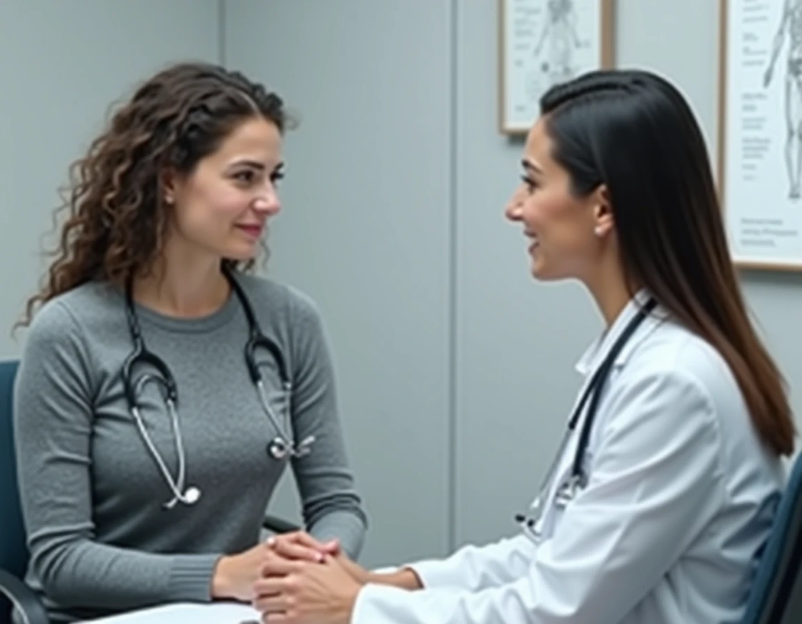Jeune femme en consultation médicale avec une gynécologue pour discuter des symptômes d'infection à mycoplasme, dans un cabinet médical moderne