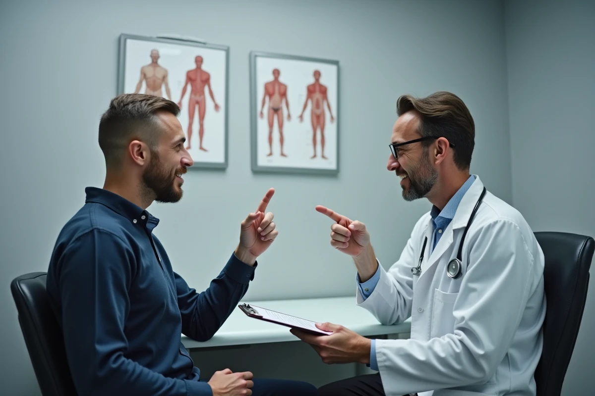 Patient expliquant une brûlure au palais à son médecin lors d'une consultation médicale liée à l'usage de l'e-cigarette