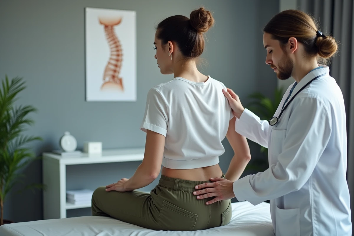 Médecin examinant le bas du dos côté droit d'une patiente en cabinet médical lors d'une consultation