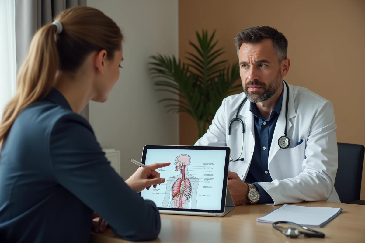 Médecin expliquant à un patient masculin les causes possibles d'un ganglion cervical gauche lors d'une consultation