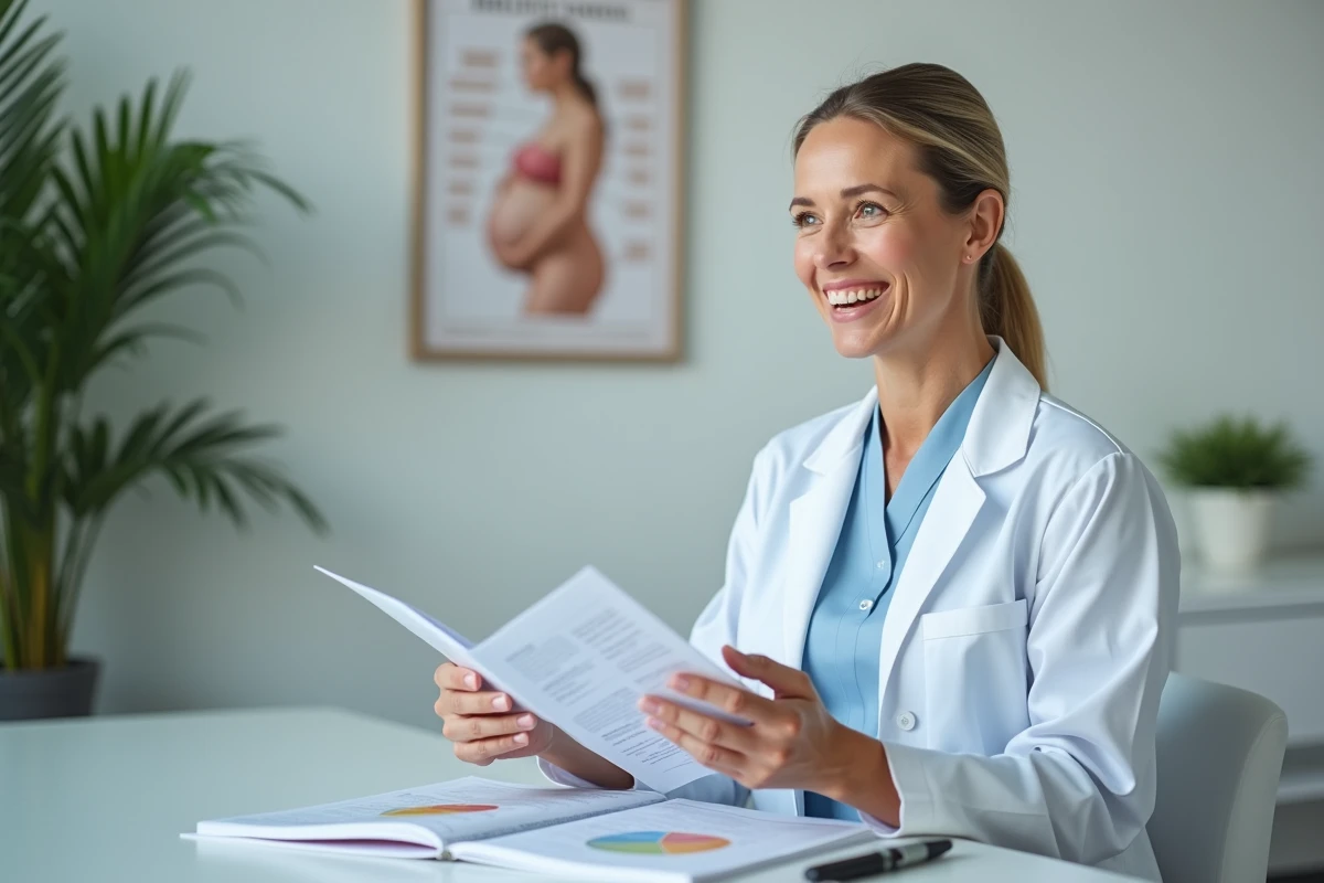 Sage-femme ou gynécologue expliquant les recommandations alimentaires pendant la grossesse lors d'une consultation médicale