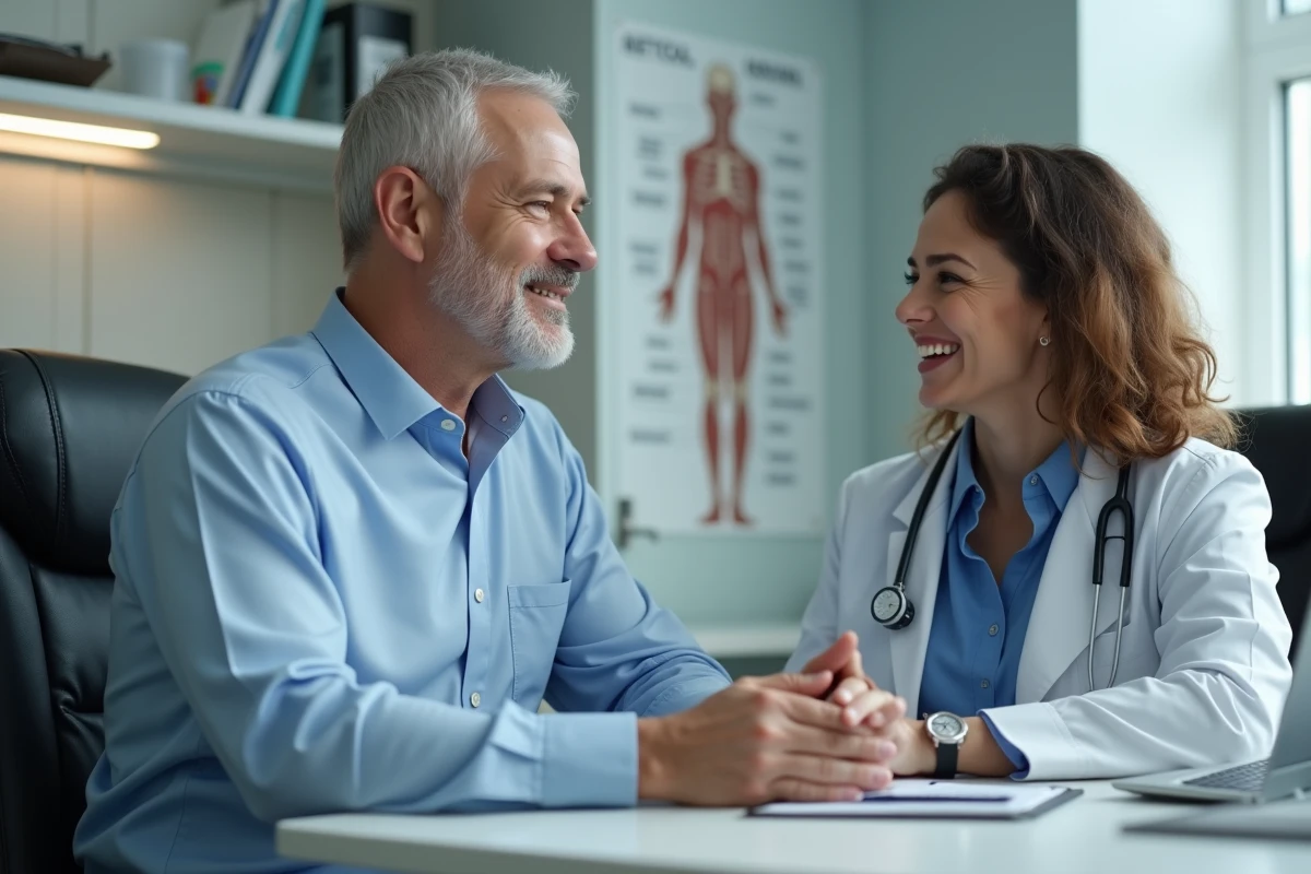 Homme et m&eacute;decin en consultation dans un cabinet m&eacute;dical