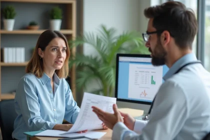 Femme et docteur en consultation m&eacute;dicale dans un bureau