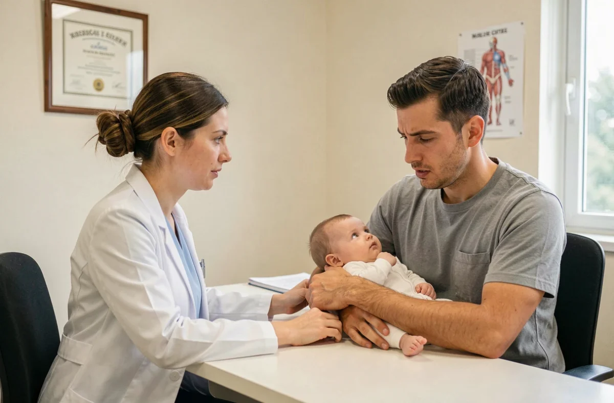 Pédiatre en consultation avec un père tenant son bébé, discussion sur les selles du nourrisson