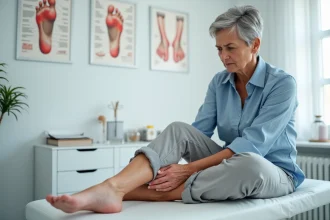 Femme d'âge mûr tenant son talon douloureux lors d'une consultation en cabinet de podologie, illustrant l'épine calcanéenne
