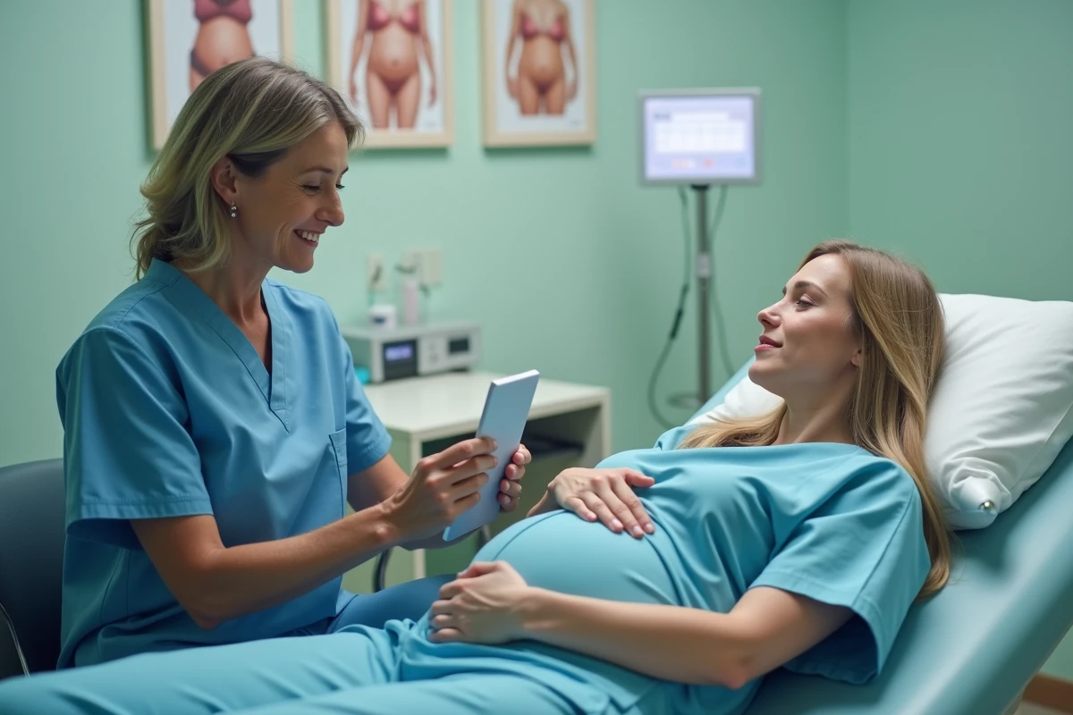 Sage-femme en consultation prénatale expliquant à une femme enceinte comment reconnaître une fissure de la poche des eaux
