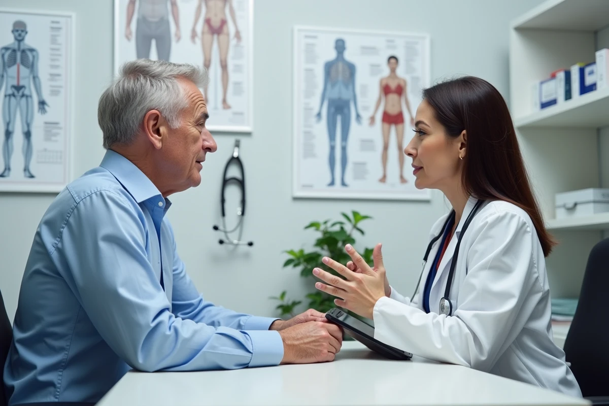 Patient et urologue en consultation médicale discutant de symptômes urinaires, dans un cabinet moderne avec tablette médicale