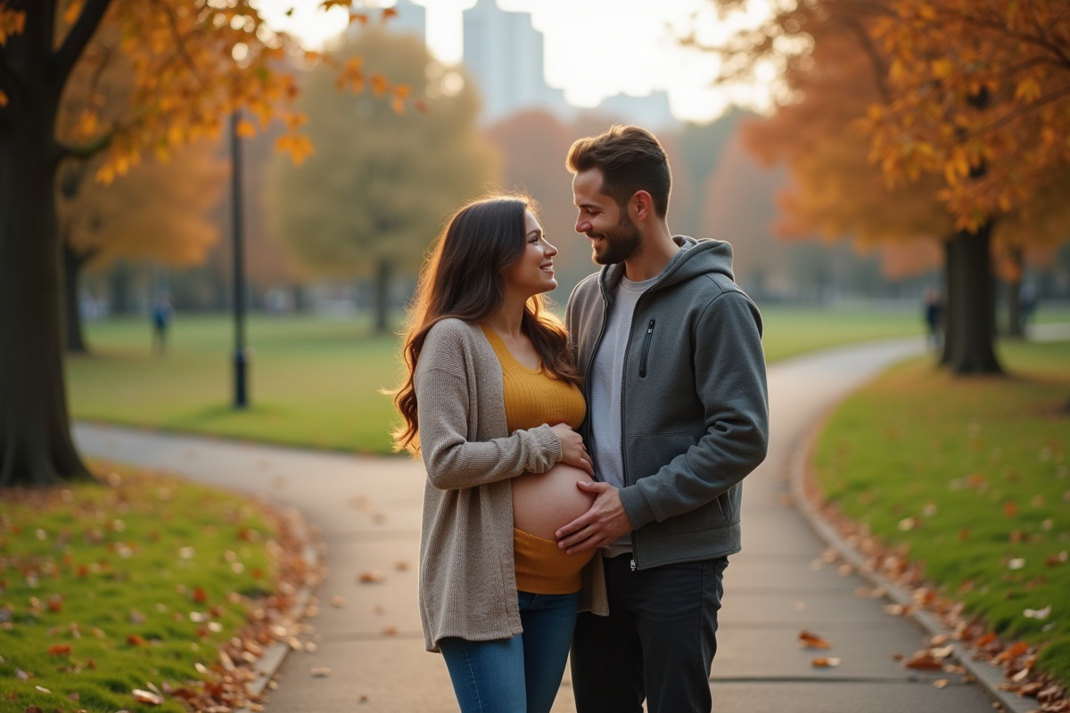 Couple dans un parc en automne avec la femme sur le ventre