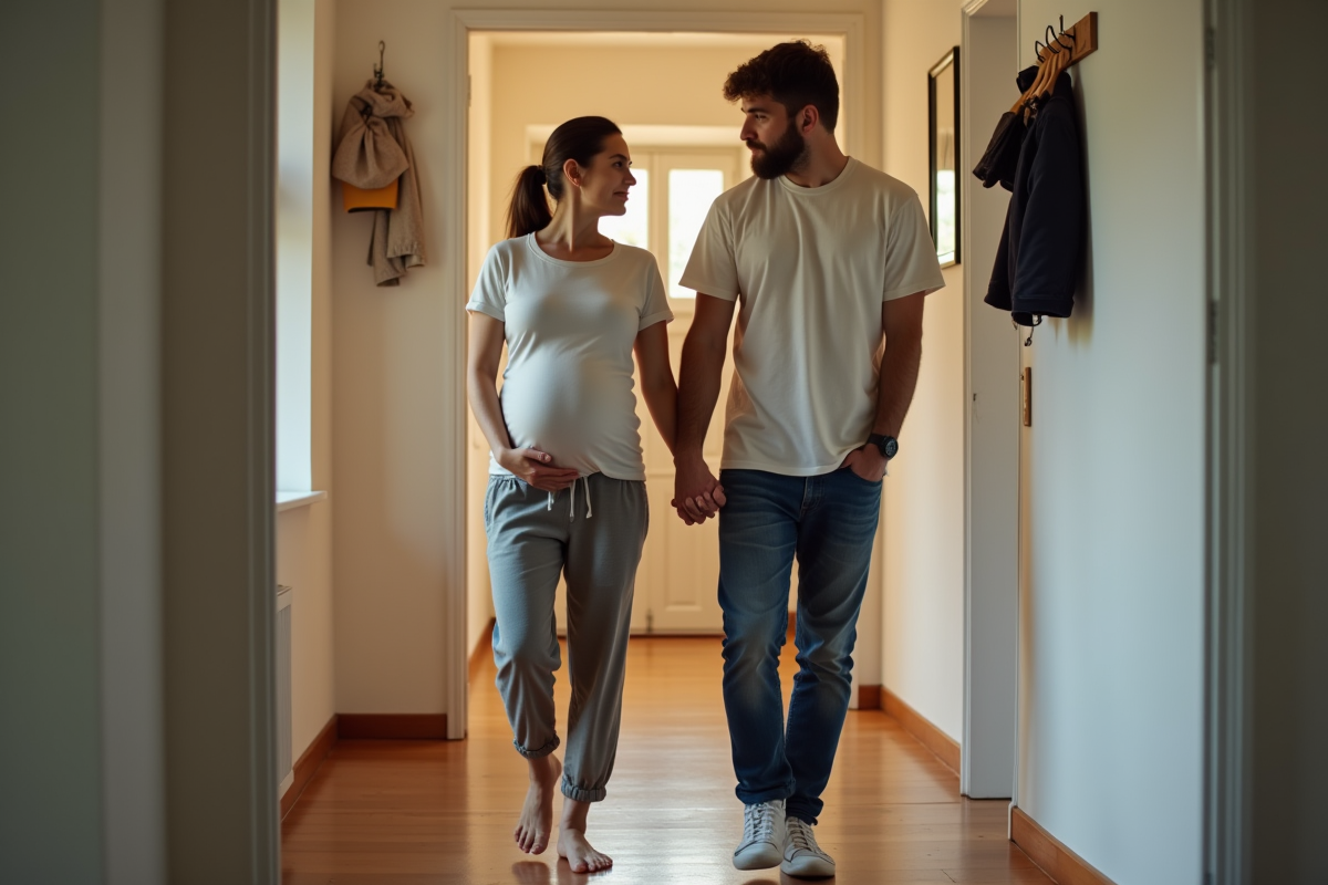 Couple enceinte marchant dans un couloir familial chaleureux