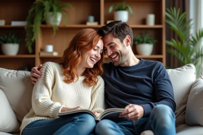 Couple complice partageant un moment de lecture d'un magazine de psychologie positive sur un canapé confortable