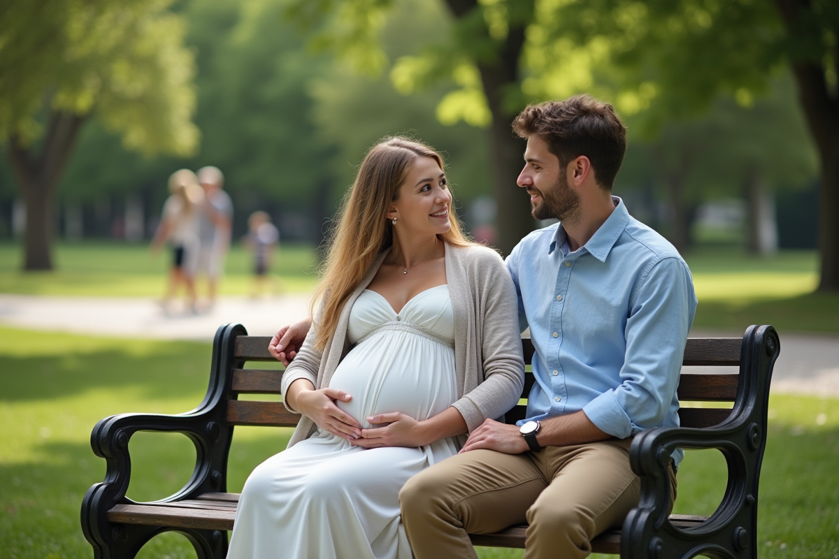 Jeune couple assis sur un banc dans un parc verdoyant