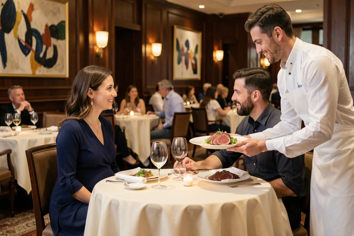 Couple au restaurant, femme enceinte souriante devant un plat de magret de canard servi par un serveur