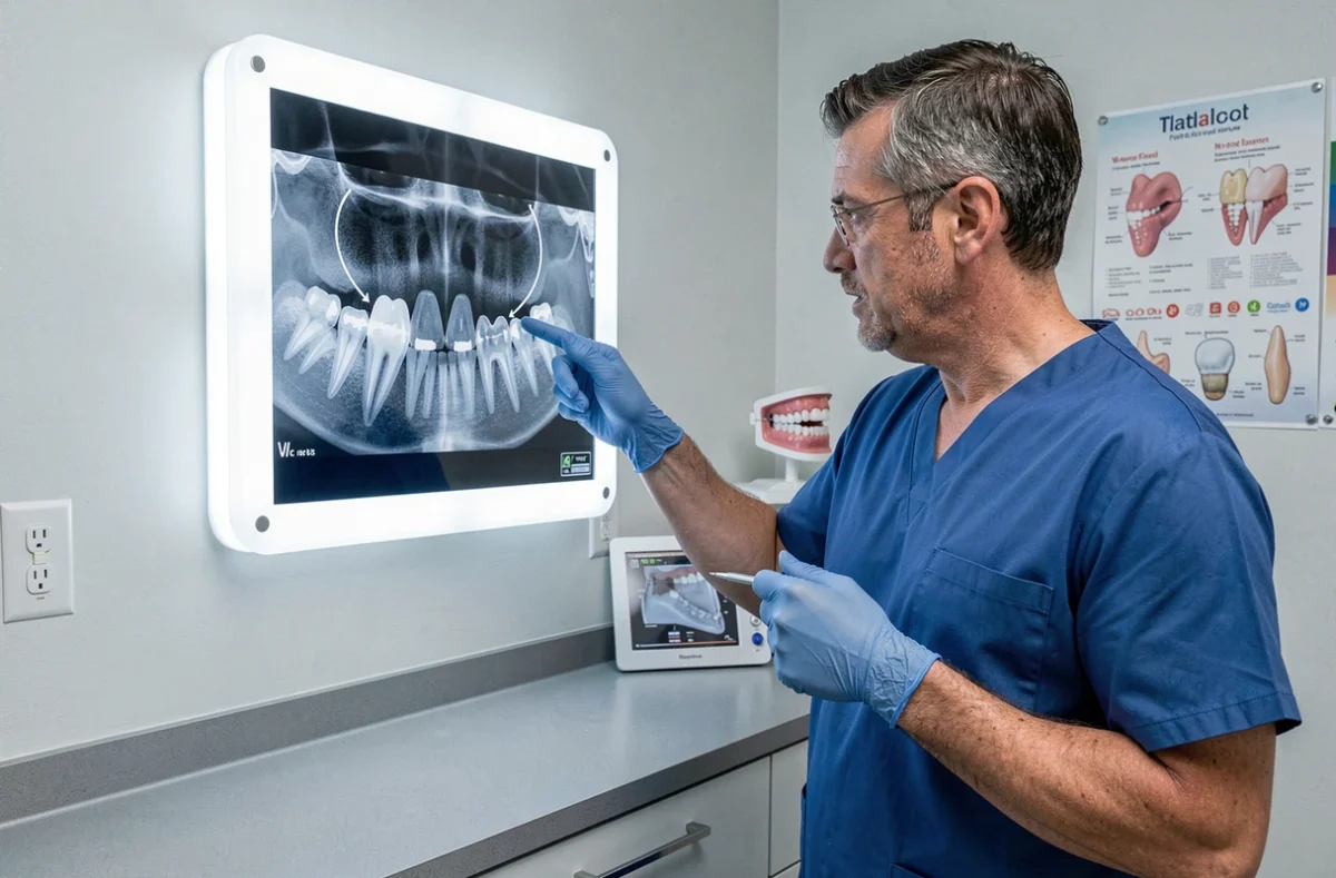 Dentiste montrant une radiographie des molaires supérieures près des sinus pour expliquer le lien entre dévitalisation et sinusite