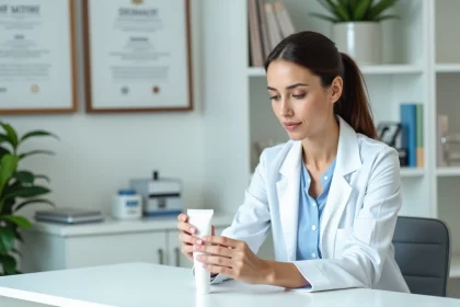 Dermatologue examinant un tube de crème à l'acide hyaluronique Ialuset dans un cabinet médical moderne