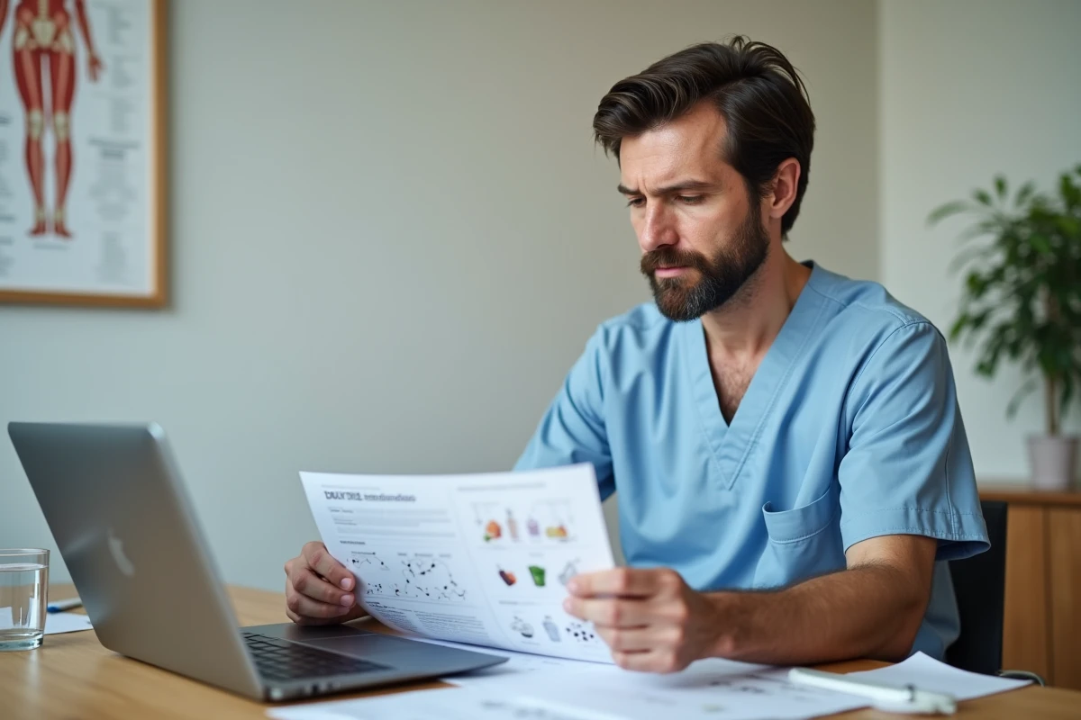 Dermatologue masculin étudiant des fiches d'ingrédients actifs dans une clinique moderne