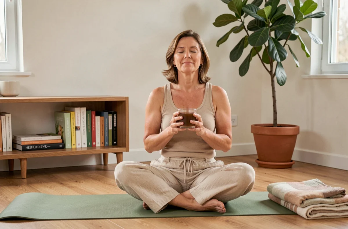 Femme en position de détente sur un tapis de yoga tenant une tisane apaisante dans un salon naturel