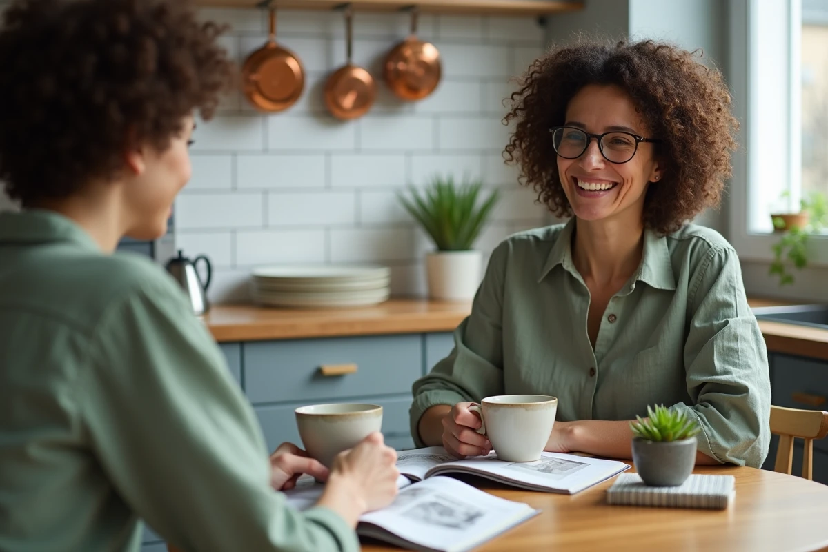 Deux partenaires discutant des principes de psychologie positive autour d'un café à la table de cuisine