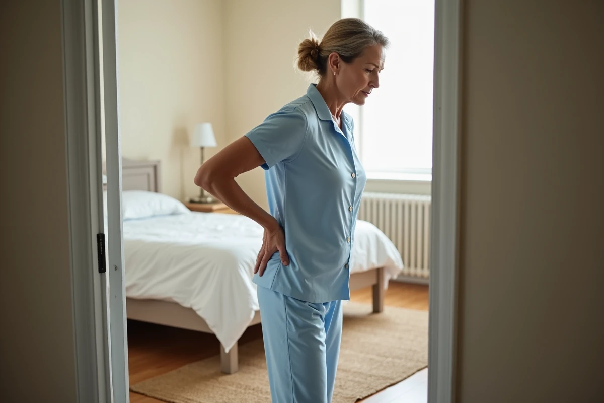 Femme en pyjama debout dans l'embrasure d'une porte s'étirant le bas du dos et le haut des fesses au réveil