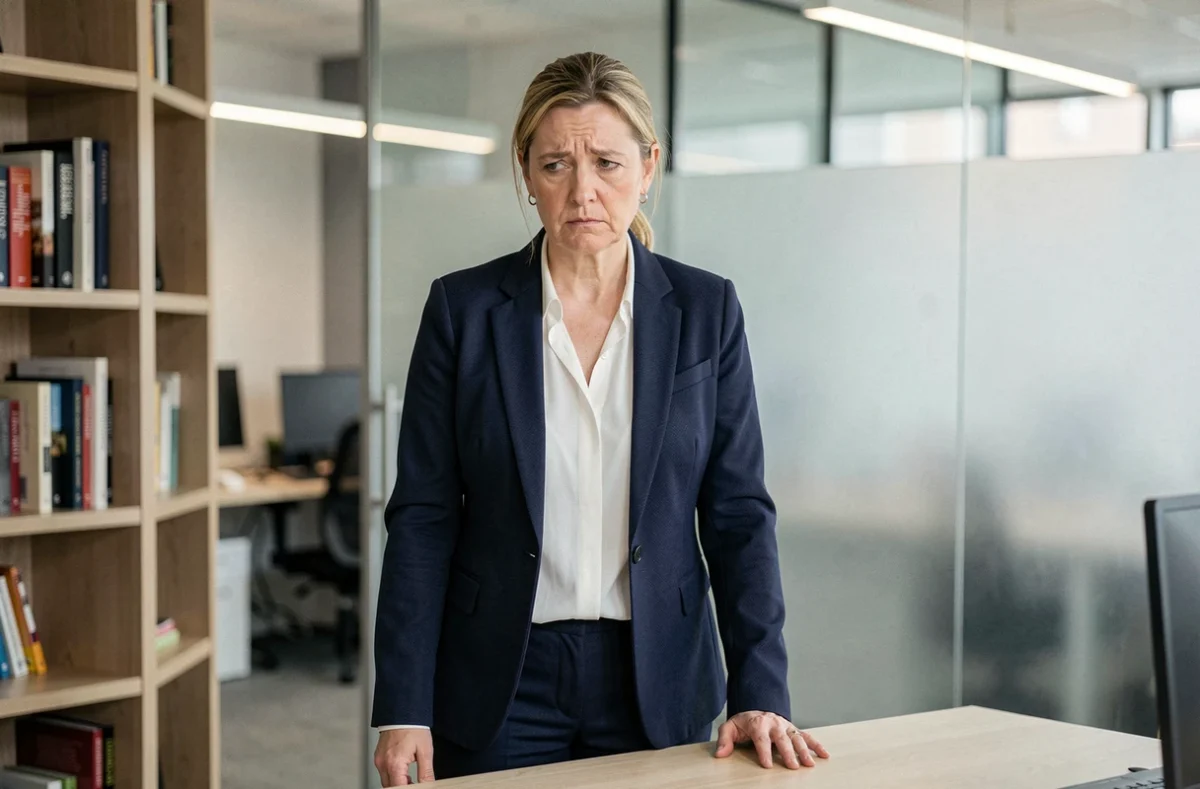 Femme d'une cinquantaine d'années marquant une pause au bureau, l'air fatiguée, tenant discrètement son bras gauche dans un environnement de travail moderne