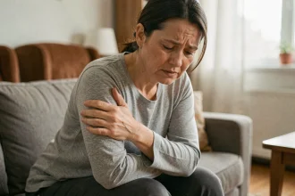 Femme d'une quarantaine d'années tenant son bras gauche avec une expression de douleur et de fatigue, assise sur un canapé à la maison