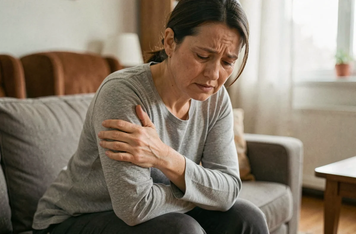 Femme d'une quarantaine d'années tenant son bras gauche avec une expression de douleur et de fatigue, assise sur un canapé à la maison