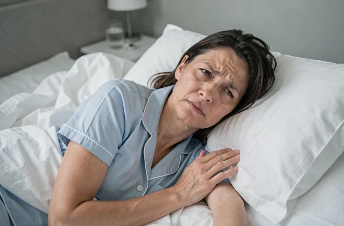 Femme allongée dans son lit, visiblement épuisée, la main posée sur la poitrine près de l'épaule gauche, exprimant une douleur physique et une grande fatigue