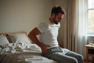 Homme assis sur le bord du lit au réveil tenant sa main dans le bas du dos en signe de douleur au haut des fesses