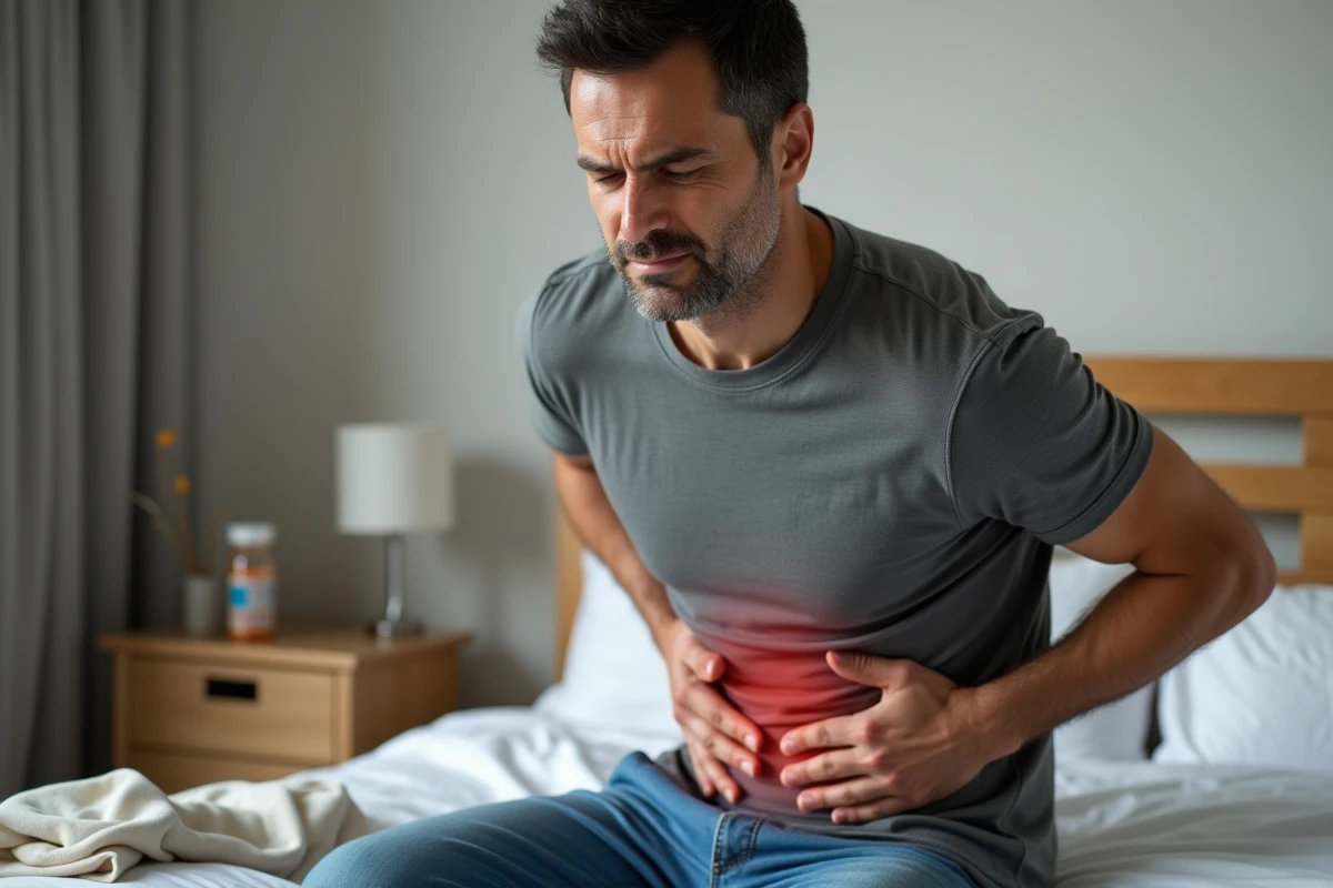 Homme assis sur un lit tenant son abdomen et son dos, illustrant la douleur irradiante typique du pancréas