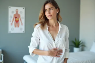 Femme tenant sa main contre l'abdomen supérieur gauche, zone de douleur pancréatique, dans un cabinet médical