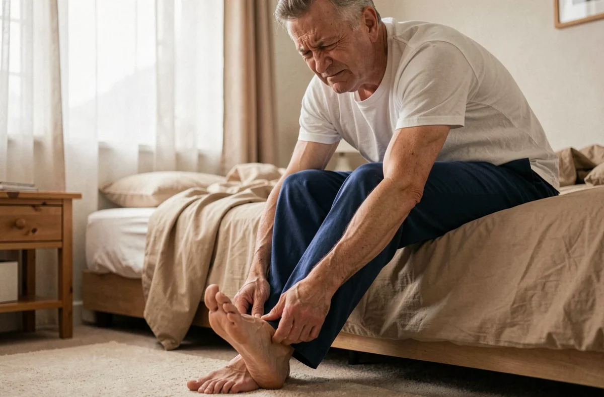 Homme d'âge mûr souffrant d'une douleur au talon au lever du lit, symptôme typique de l'épine calcanéenne le matin