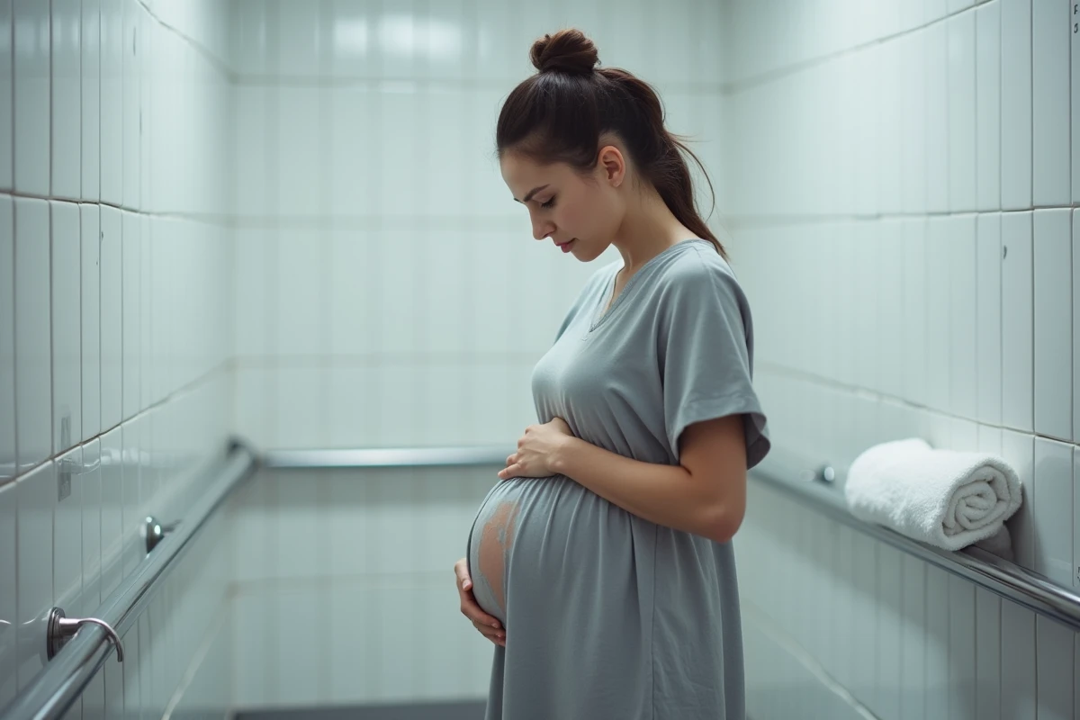 Femme enceinte dans une salle de bain d'hôpital examinant une humidité sur sa robe, représentant le doute face à une possible fissure de la poche des eaux