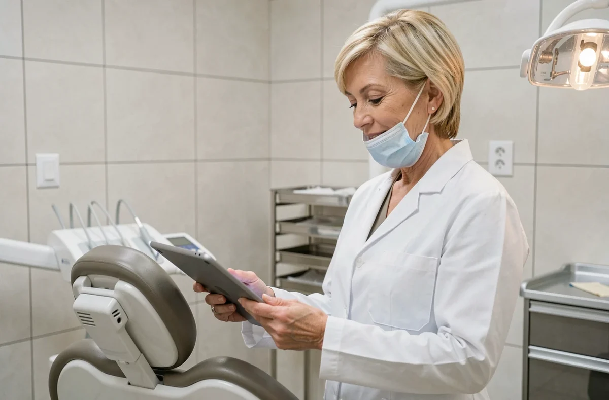 Dr Evelyne Maria debout dans son cabinet dentaire consultant une tablette avec dossier patient